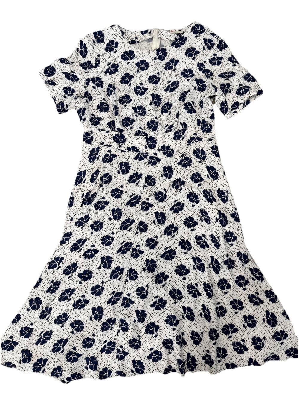 Boden White Blue Floral A-Line Midi Dress Short Sleeve Round Neck Pockets 12